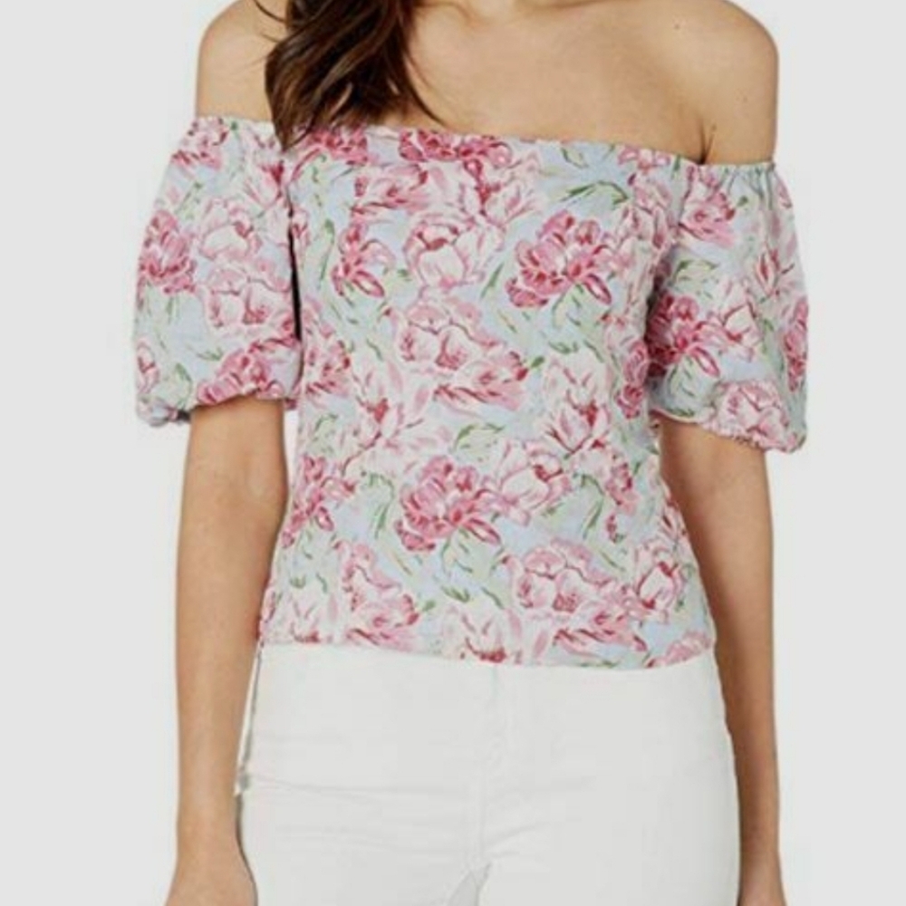 Wayf 100% Linen Floral Puff Sleeve Corset Cottagecore Blouse sz M Blue Pink